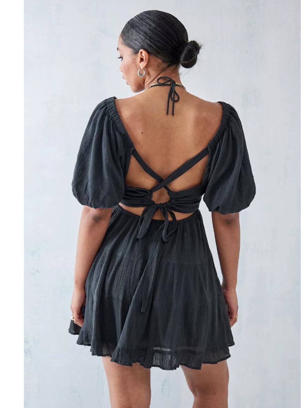 NEW FREE PEOPLE Washed Black PERFECT DAY Cotton Gauze TIERED Tie Mini DRESS XS - Picture 16 of 16